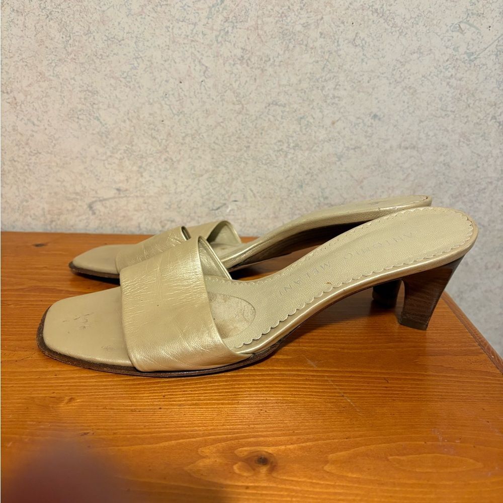 Vintage Antonio Melani Leather Slide Heeled Sandals Leather Soles Womens Size 8